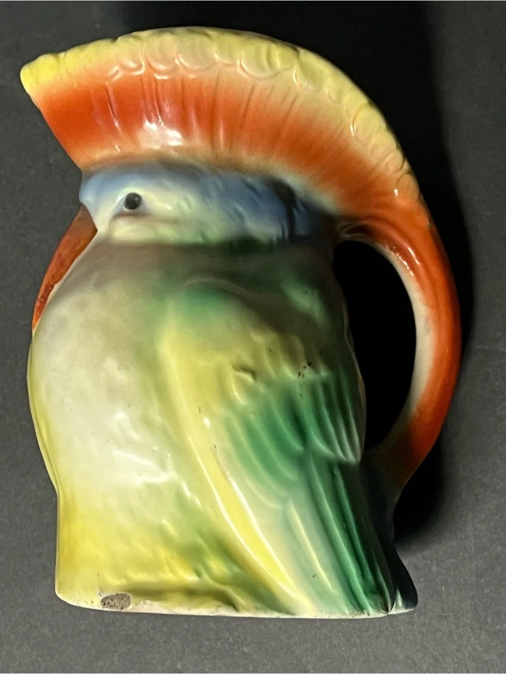 Vintage art, deco, chuckle, Slovakian pottery, parrot bird cream, pitcher